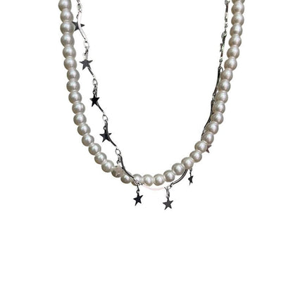 Faux pearl layered tassels choker necklace