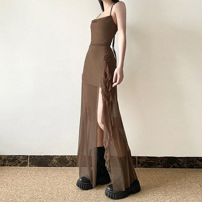 Halter mesh slit flower applique maxi dress