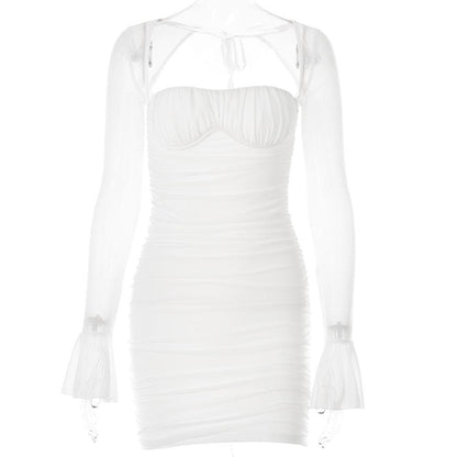 Mesh flared sleeve solid ruched zip-up lace up mini dress