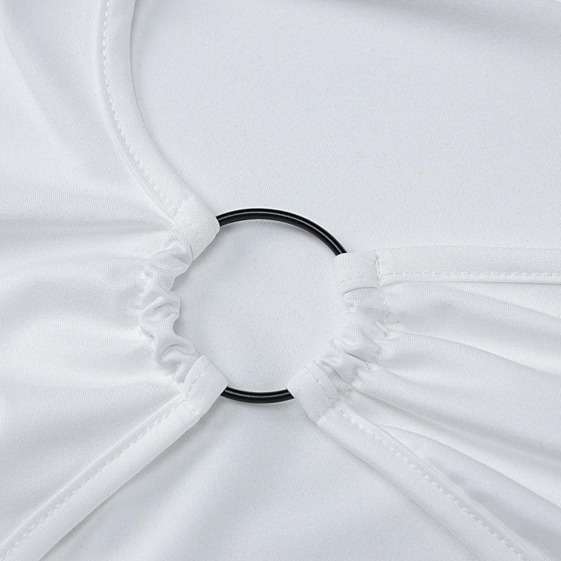 One shoulder high neck o ring irregular midi dress