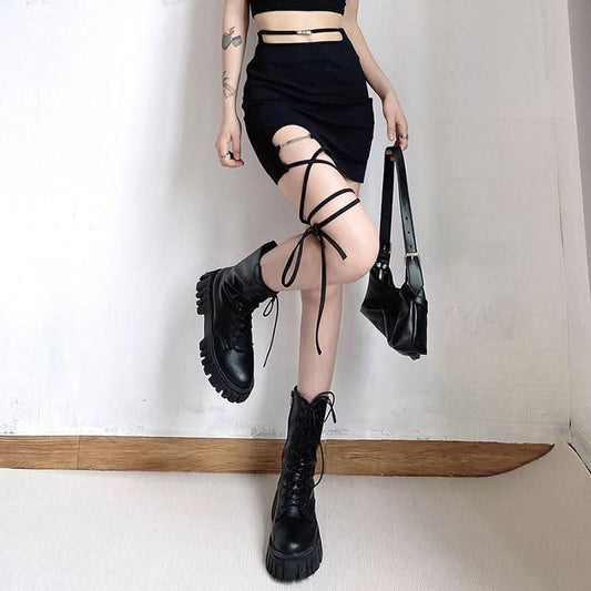 Hollow out metal chain self tie zip-up cut out mini skirt