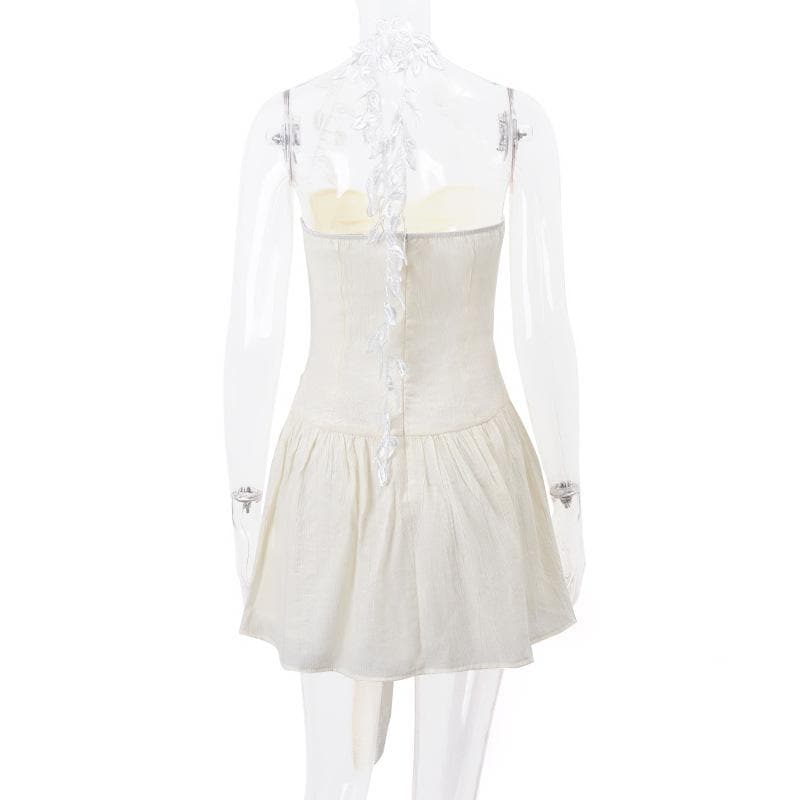 Halter sweetheart neck chiffon ruched bowknot zip-up mini dress