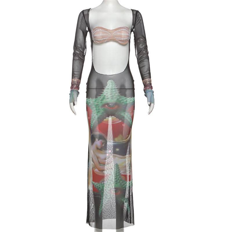 Long sleeve mesh hollow out print see through cut out maxi dress