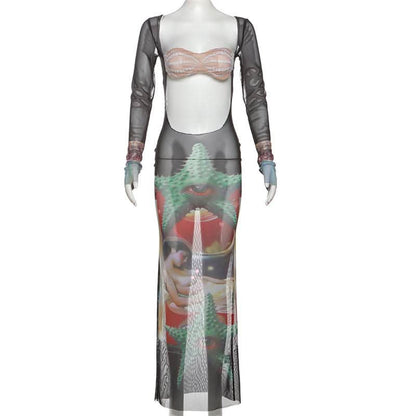 Long sleeve mesh hollow out print see through cut out maxi dress