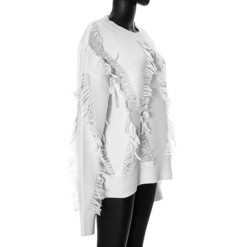 Long sleeve crewneck tassels knitted top