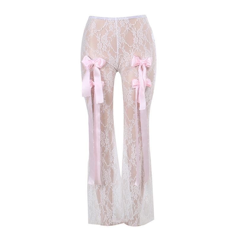 Bowknot ribbon lace see through pant