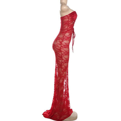 Sweetheart neck hollow out lace cut out maxi dress