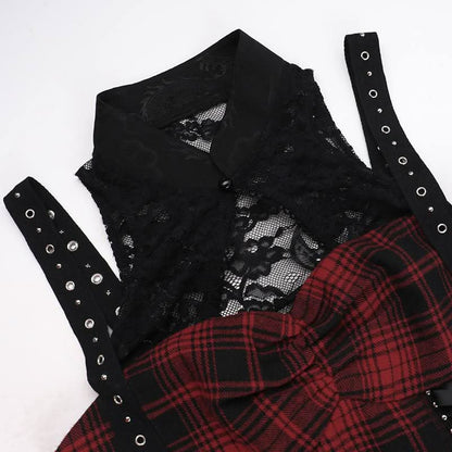 Hollow out plaid print lace up lace slit cut out midi dress
