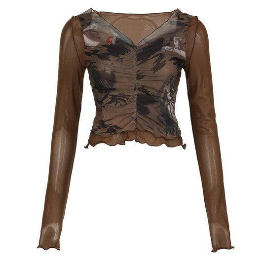 Long sleeve v neck ruched ruffle print sheer mesh stitch top