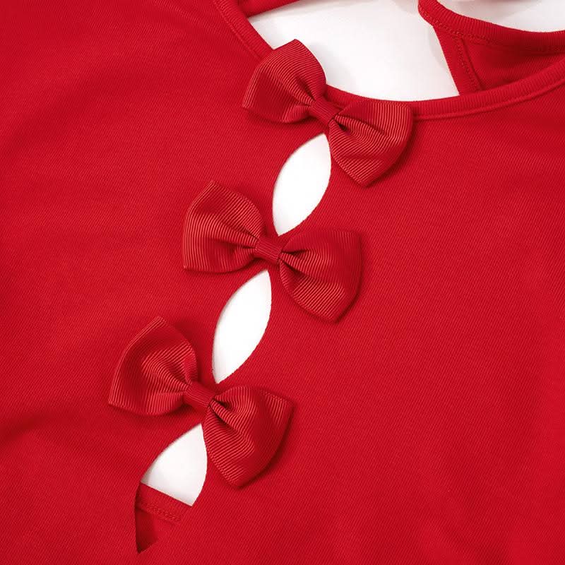 Bowknot long sleeve crewneck hollow out self tie cut out top