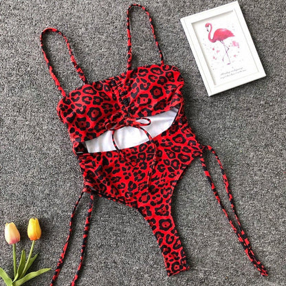 Hollow out drawstring one piece swimwear
