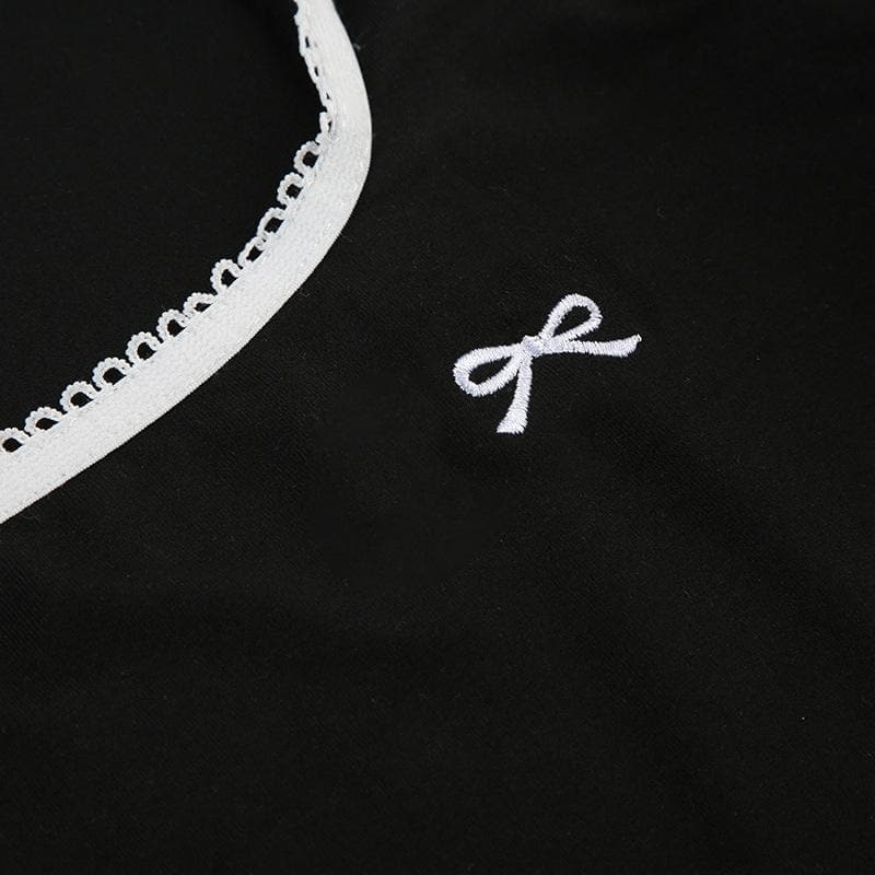 Long sleeve turnover collar bowknot embroidery top
