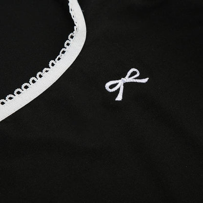 Long sleeve turnover collar bowknot embroidery top