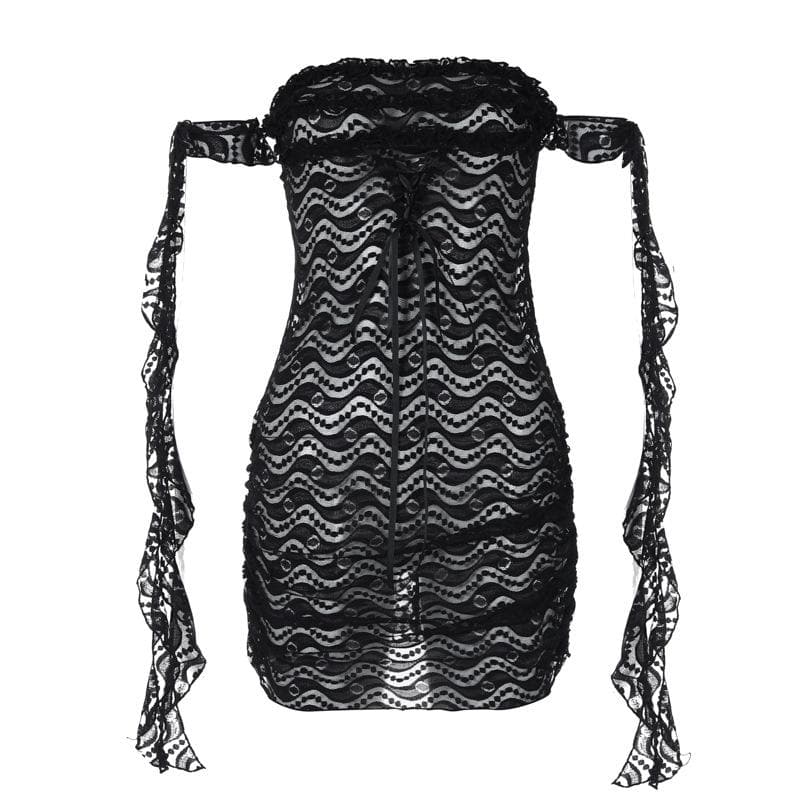 Off shoulder ruffle lace bowknot see through mini dress