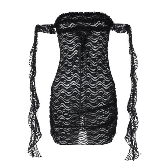 Off shoulder ruffle lace bowknot see through mini dress