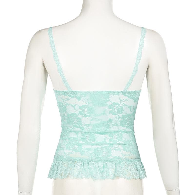 Lace flower pattern bowknot ruffle cami top