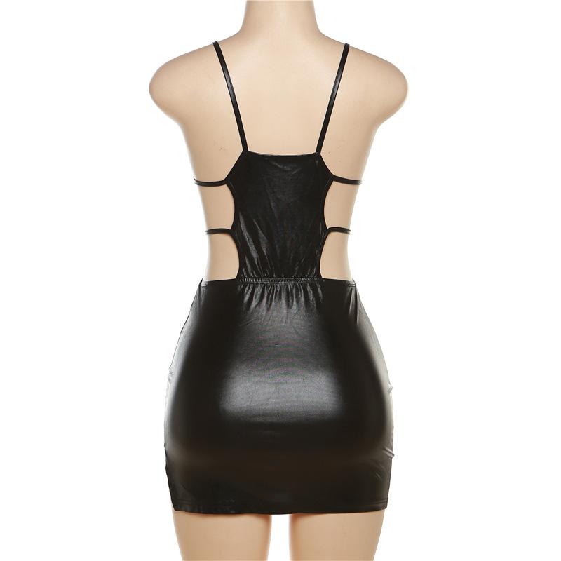 PU Leather Plunge Neck Side Cutout Spaghetti Strap Mini Dress