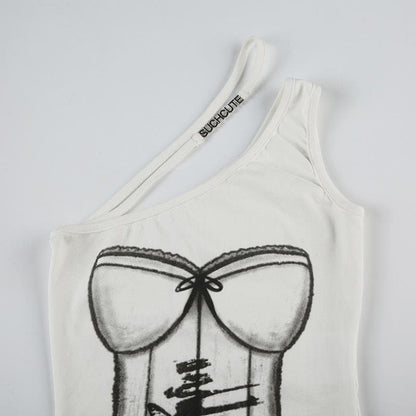 One shoulder print metal applique top