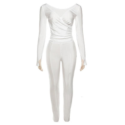 Gloves solid v neck long sleeve ruched pant set