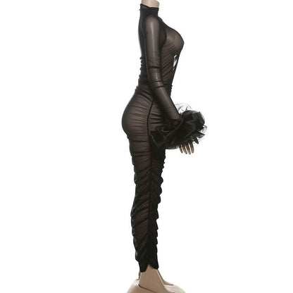 Long sleeve mesh see through ruched maxi dress-final-sale