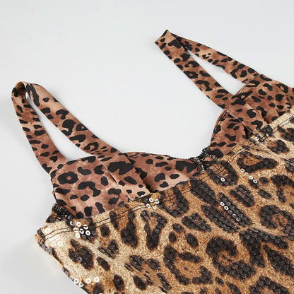 Glitter v neck leopard print backless tank mini dress