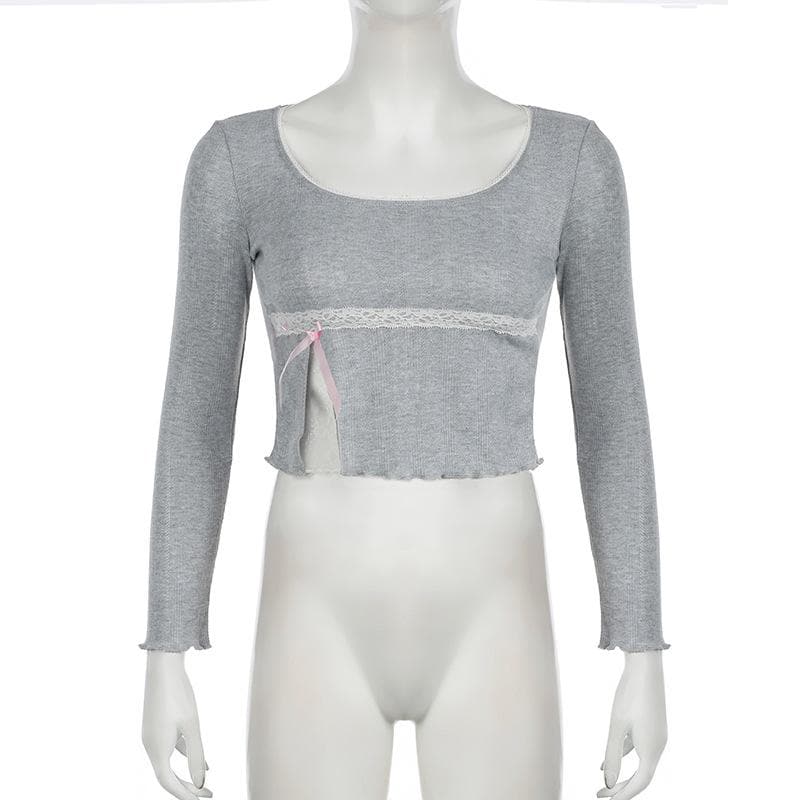 Long sleeve textured lace hem bowknot top