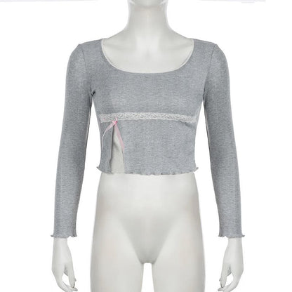 Long sleeve textured lace hem bowknot top