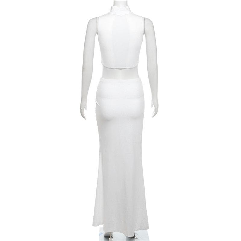 Knotted solid high neck mesh sleeveless ruched maxi skirt set-final-sale