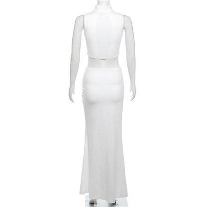 Knotted solid high neck mesh sleeveless ruched maxi skirt set-final-sale