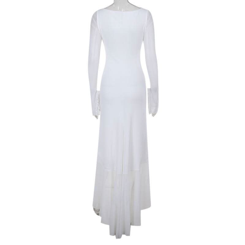 Hollow out long sleeve ruched ruffle mesh cut out maxi dress