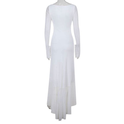 Hollow out long sleeve ruched ruffle mesh cut out maxi dress