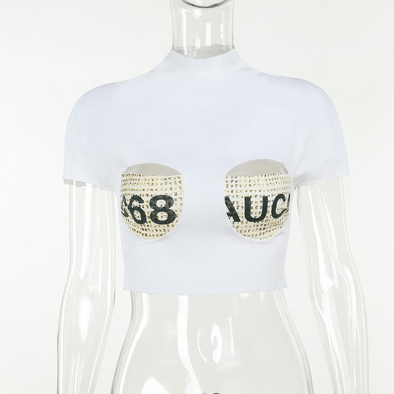 Short sleeve print high neck crop top