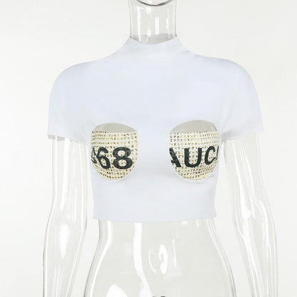 Short sleeve print high neck crop top