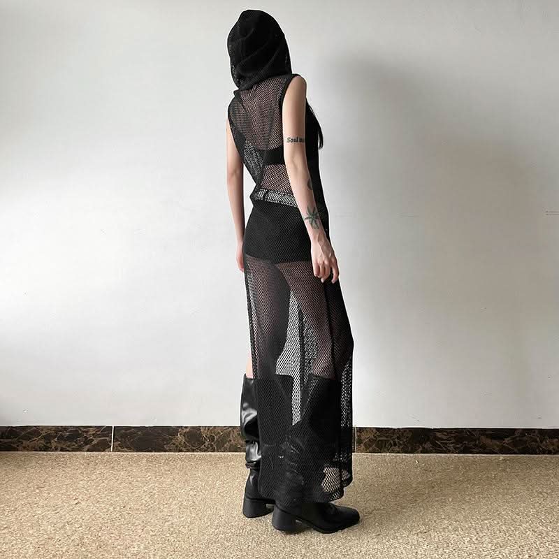 Hoodie sleeveless fishnet slit top