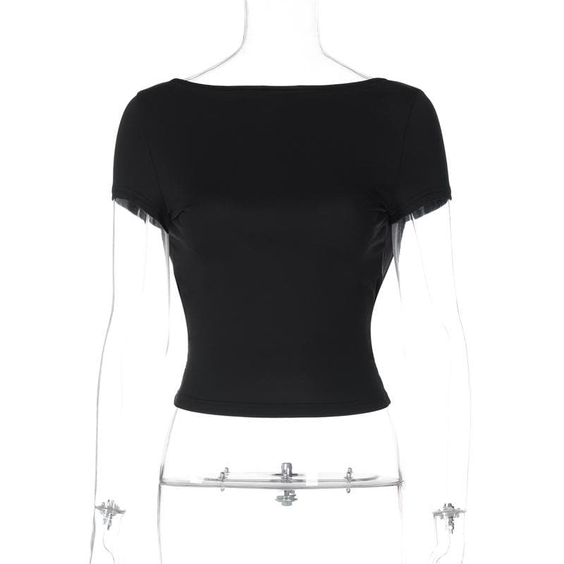 Short sleeve round neck solid backless top