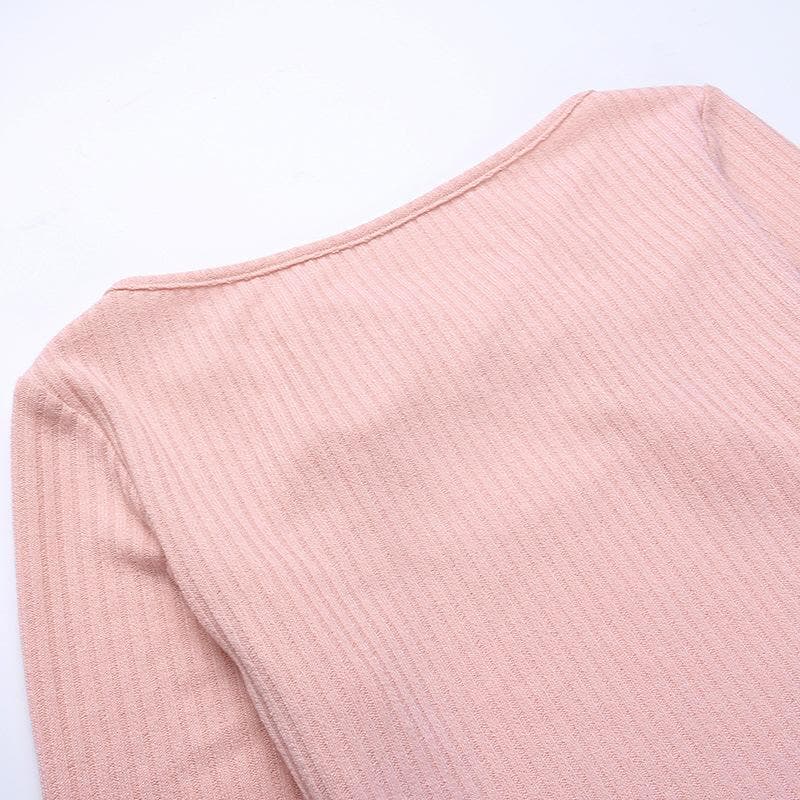 Long sleeve knitted hollow out ribbed cross front crop cut out top