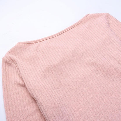 Long sleeve knitted hollow out ribbed cross front crop cut out top