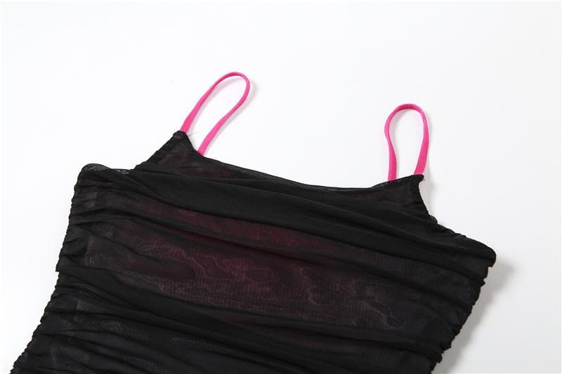 Contrast Ruched Mesh Square Neck Spaghetti Strap Cami Mini Dress