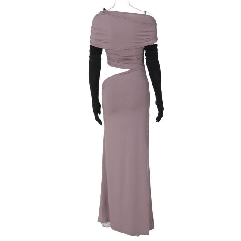 One shoulder gloves ruched hollow out cut out maxi dress-final-sale