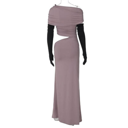 One shoulder gloves ruched hollow out cut out maxi dress-final-sale
