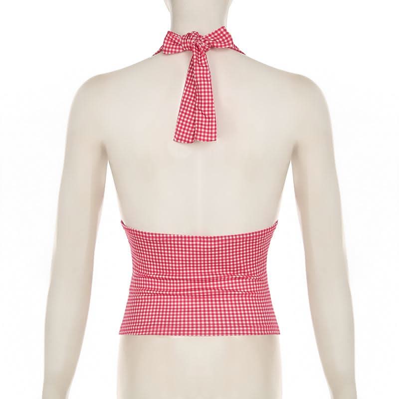 V neck halter polka dot print backless top