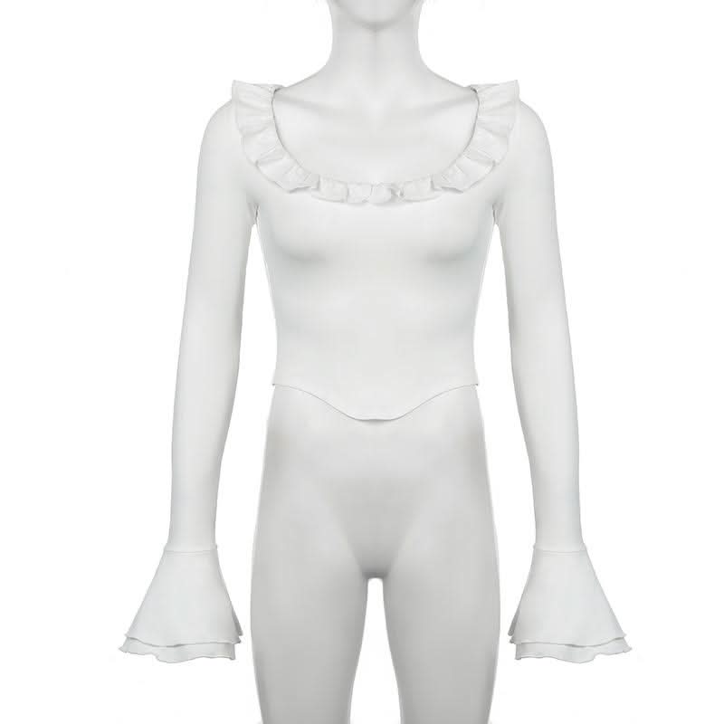 Long flared sleeve crewneck ruffle solid top