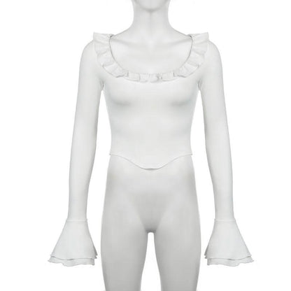 Long flared sleeve crewneck ruffle solid top
