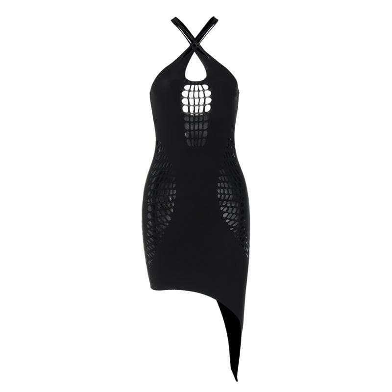 Halter Cross Front Ladder Cutout Irregular Hem Bodycon Mini Dress