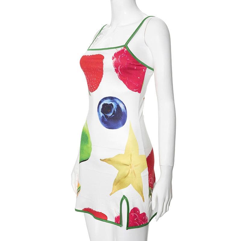 Square neck fruit print slit cami mini dress