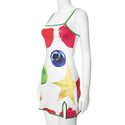 Square neck fruit print slit cami mini dress