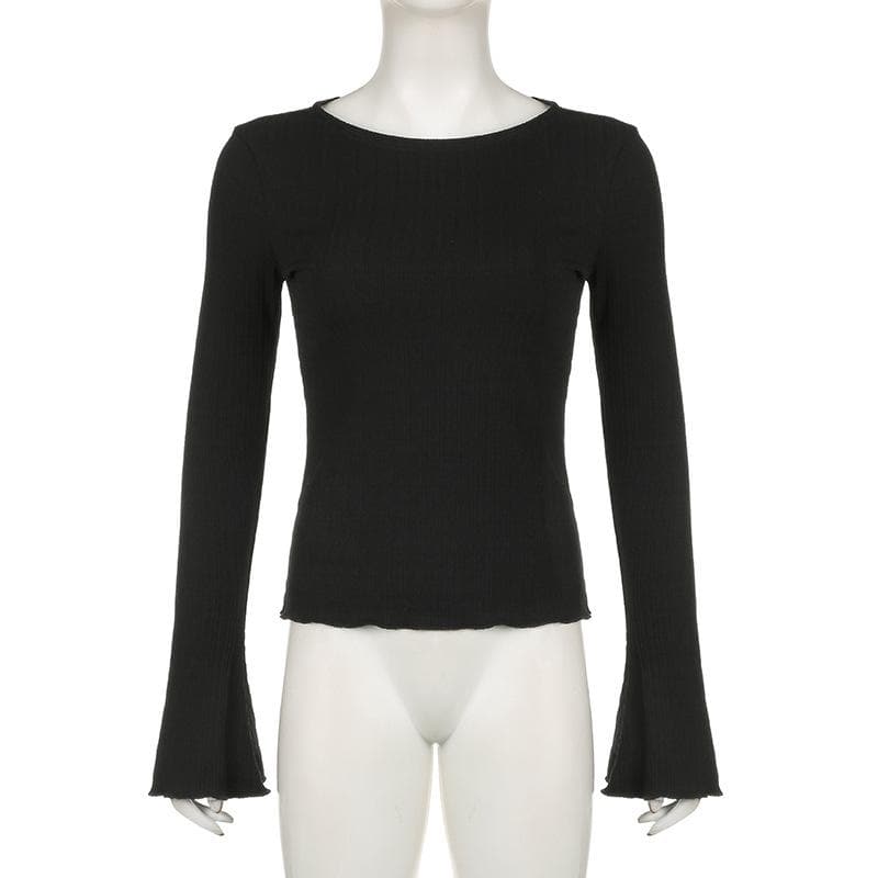 Long flared sleeve crewneck ribbed ruffle solid top