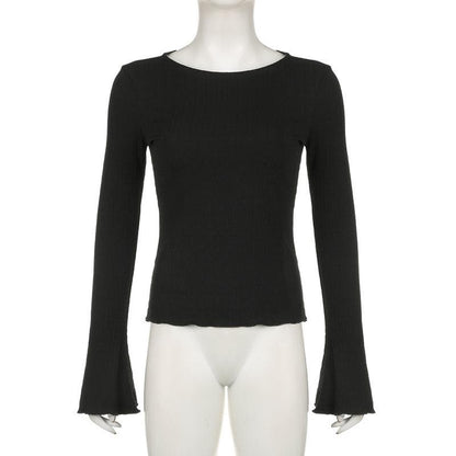 Long flared sleeve crewneck ribbed ruffle solid top