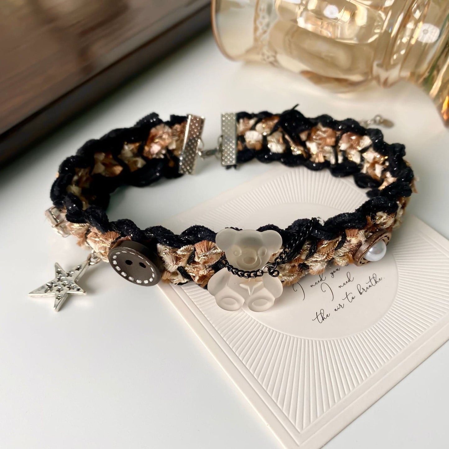 Button bear decor contrast necklace