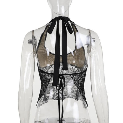 Halter backless lace flower pattern solid top